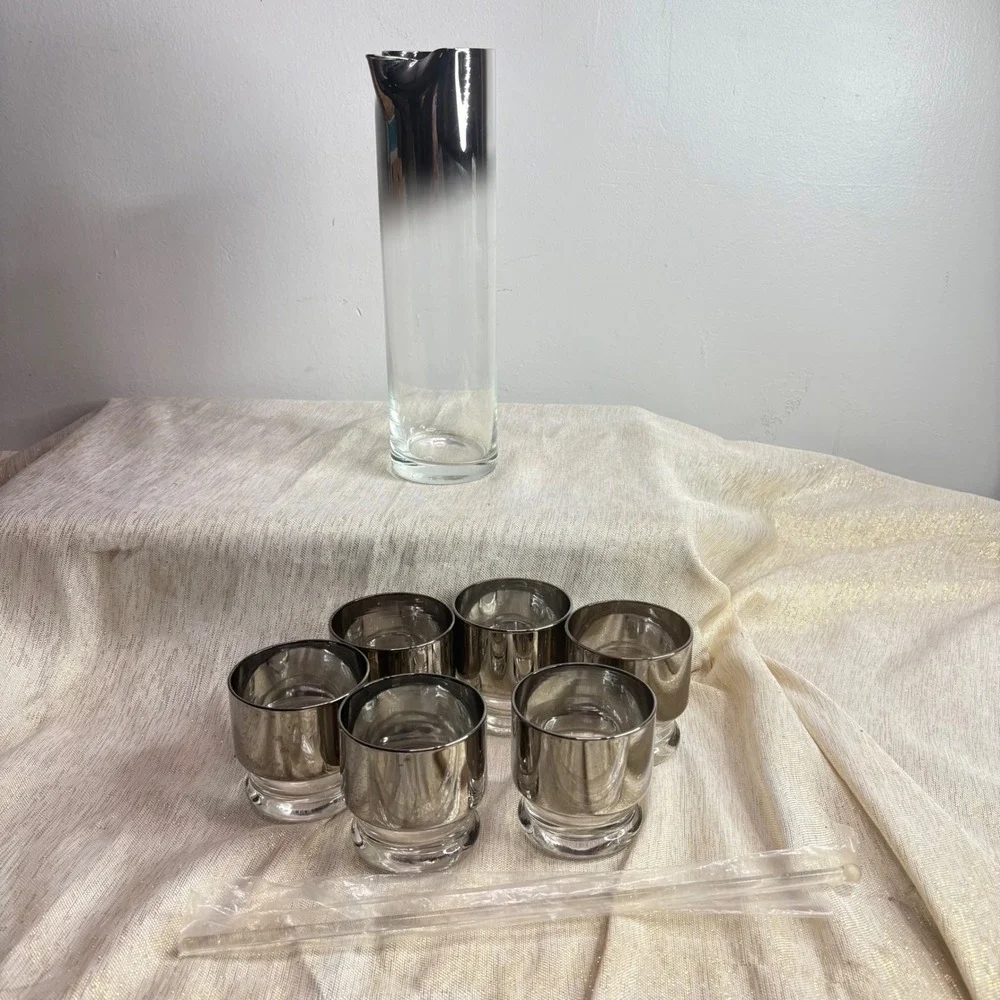 Vintage Silver Ombre Pitcher and Glasses Set Barware Cocktail Party
